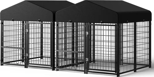 Vista 8 de Perrera para Perros al Aire Libre, Perrera para Perros con Techo y Comederos Giratorios/Puerta para Perros Desmontable Permite Conectar Su Casa