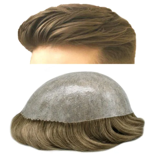 Vista 35 de Toupee para hombres todos inyectados PU sistema de reemplazo de cabello humano para hombres piel fina tupé transparente hombres pieza de pelo