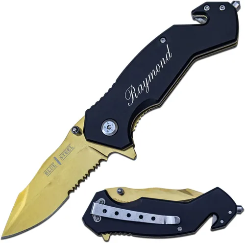 Vista 9 de GIFT INFINITY Navaja de bolsillo personalizada con grabado gratuito – Hoja de acero inoxidable media serrada, mango recubierto de titanio negro