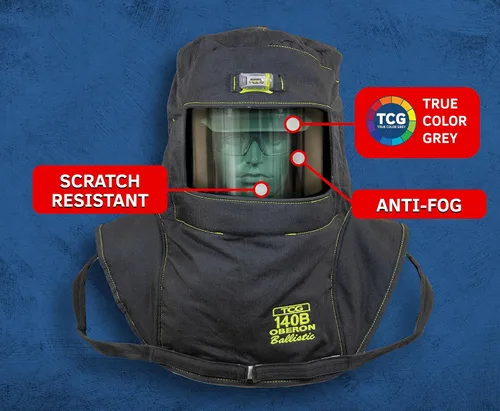 Vista 3 de Oberon Kit de traje Arc Flash - 140 Cal - Incluye capucha, abrigo, babero, sistema de ventilación y luz - Serie TCG