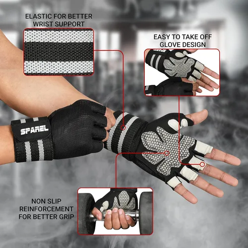 Vista 2 de SPAREL Guantes de entrenamiento para hombres con soporte para muñeca, guantes de levantamiento de pesas para hombres, guantes de gimnasio, guantes