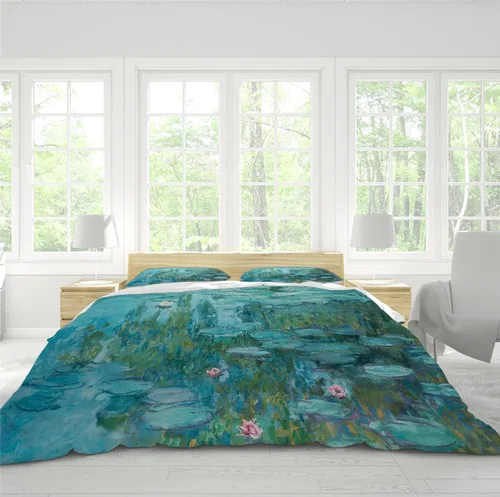 Vista 3 de Juego de funda de edredón Monet Water Lily - 1 funda nórdica con 2 fundas de almohada - 3 piezas Funda edredón con cierre de cremallera - Ultra