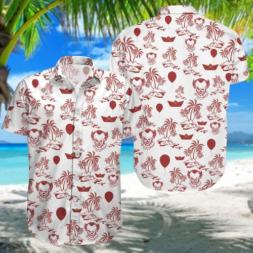 Vista 2 de HUNTFAMI Camisa hawaiana de película de miedo, personajes de películas de terror, camisa casual con botones, regalos para Halloween, regalos