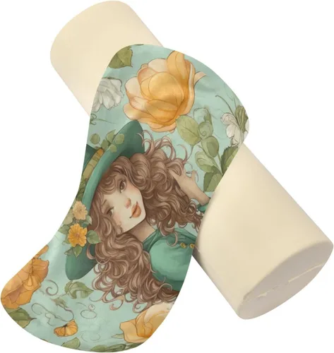 Vista 2 de Girl in A Hat and Flowers - Almohada cervical redonda para el cuello, almohada extraíble de espuma viscoelástica para dormir, soporte para cuello