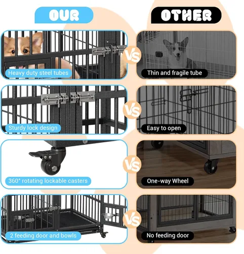 Vista 6 de Jaula para perros con riel deslizante de 42 pulgadas, perrera de metal grande resistente con puertas dobles, divisor flexible, bandeja extraíble