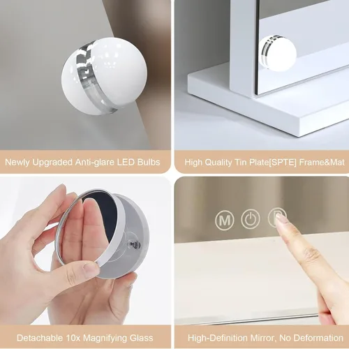 Vista 5 de Espejo de tocador de maquillaje con luces, 10 x 15 bombillas LED regulables, 3 modos de color, control táctil para dormitorio, mesa o pared