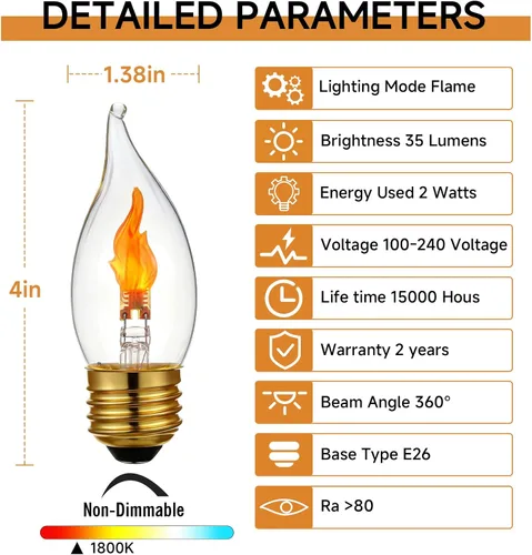 Vista 2 de Bombilla LED C11/C35 con efecto de llama, base E26, vela parpadeante con cristal transparente, no regulable, paquete de 2