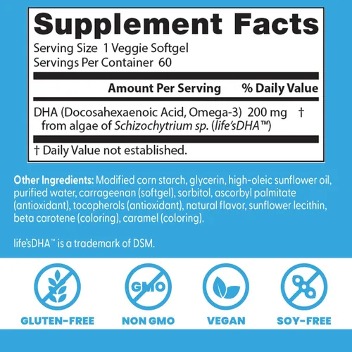 Vista 4 de Doctor's Best DHA vegetariano de algas, sin OMG, vegano, sin gluten, 200 mg, 60