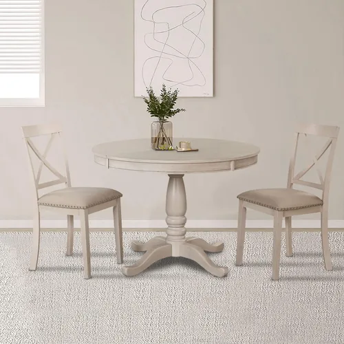 Vista 8 de JUSTONE Juego de mesa de comedor redonda de 5 piezas para 4, mesa redonda extensible con 4 sillas modernas con respaldo cruzado, juego de mesa