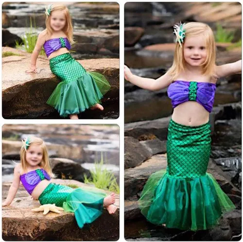 Vista 2 de 2PCS Toddler Kids Baby Girl Mermaid Tail Bikini Set, Wrap Chest Top + Fishtail Skirt Cover-Ups Dress Swimwear