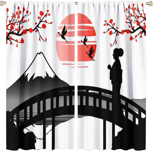 Vista 22 de Cortinas de estilo japonés, Kyoto Geisha Girls Asian Ink Painting - Cortinas de tela de poliéster con estampado de Japón antiguo para dormitorio