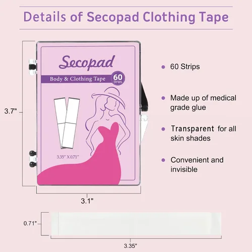 Vista 5 de Secopad Cinta de doble cara para la moda, paquete de 60 cintas suaves para el cuerpo, cinta adhesiva fuerte para la ropa y el cuerpo de las mujeres