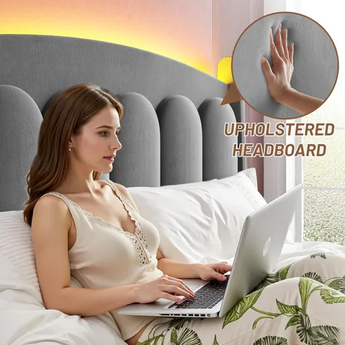 Vista 4 de CypBed Base de cama de tamaño matrimonial con luces LED de cabecero, cama matrimonial tapizada de terciopelo, cama matrimonial con plataforma