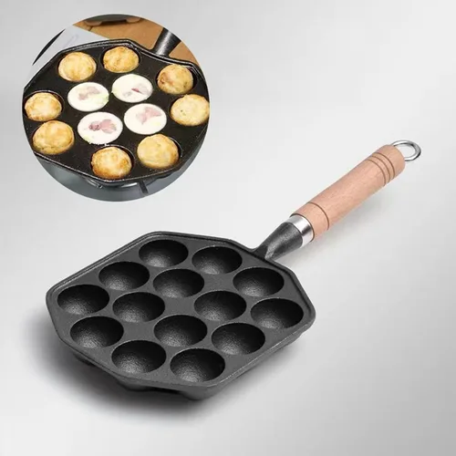 Vista 7 de HERCHR Takoyaki - Plato para parrilla, 14 agujeros, sartén Takoyaki, antiadherente, de hierro fundido, para hacer moldes con mango desmontable