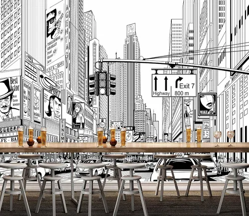 Vista 2 de Papel pintado en blanco y negro de la ciudad de Nueva York, mural de pared pintado a mano Times Square para decoración de sala de estar, dormitorio