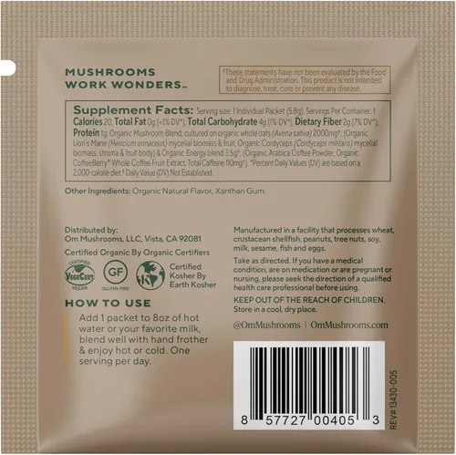 Vista 5 de Om Mushroom Superfood Mezcla de café en polvo de hongos, porción única, 10 unidades, granos arábica orgánicos, melena de león, cordyceps, cola