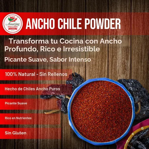 Vista 3 de Polvo de Chile Ancho Molido 1 LB (16oz) – Completamente Natural - Usar Para Recetas Como Mole Mexicano, Salsas, Guisos, Salsa, Carnes, Enchiladas.