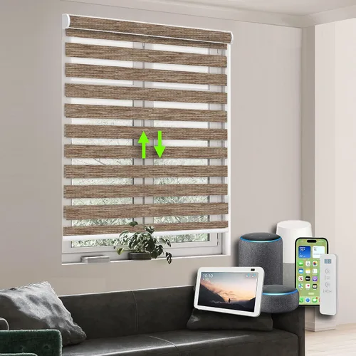 Vista 17 de Persianas enrollables con filtro de luz motorizadas de cebra/roller – Serie RAVENWOOD-B502, persianas inteligentes para ventanas con control remoto