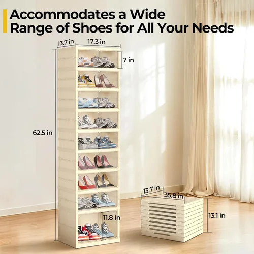 Vista 2 de GCCSJ Organizador de zapatos plegable de 9 niveles, 18 pares, estante de zapatos plegable de plástico, armario de almacenamiento plegable con puerta