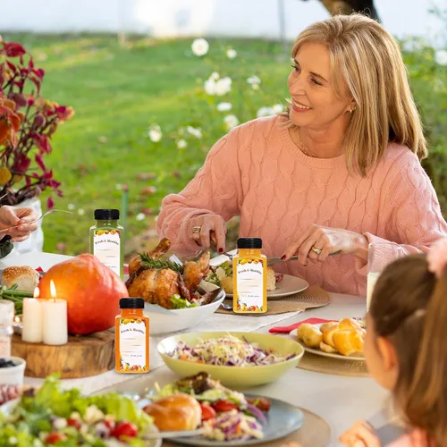 Vista 6 de Moretoes 56 botellas de plástico de 8 onzas con tapas, botellas reutilizables de plástico transparente para jugo, recipientes de jugo con tapas