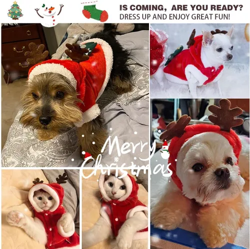 Vista 4 de Disfraces de Navidad para perros, abrigo de suéter para mascotas para clima frío, traje de reno de Papá Noel, sudadera con capucha de invierno