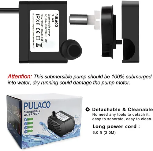 Vista 3 de PULACO Mini bomba de fuente (50 GPH 3 W), bomba de agua sumergible ultra silenciosa para acuario, tanque de peces pequeño, fuente de agua