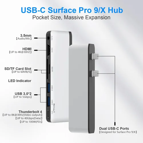 Vista 2 de Estación de acoplamiento para superficie con HDMI 4K, USB-C Thunderbolt 4 (pantalla+datos+100 W PD), 2 USB 3.0, audio de 0.138 in, lector
