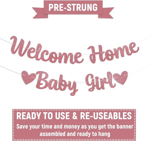 Vista 3 de Cartel de bienvenida a casa para bebé, decoración rosa para baby shower, revelación de género, decoración interior y exterior, purpurina dorada rosa