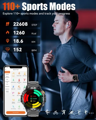 Vista 6 de Relojes inteligentes militares para hombres con llamada Bluetooth, reloj inteligente impermeable AMOLED de 1.43" con linterna, 111 modos deportivos