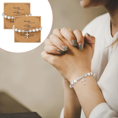 Vista 5 de 12 Piezas Pulseras de Cruz a Granel Regalos Católicos para Mujeres Hombres Recuerdos de Bautismo para Invitados Dije de Diamante de Imitación Perla