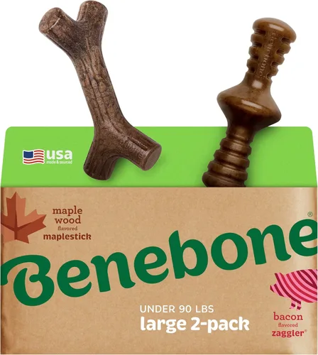 Vista 24 de Benebone - Paquete de 2 juguetes masticables duraderos para perros, diseño Maplestick/Zaggler, tocino real, madera de arce real, fabricados