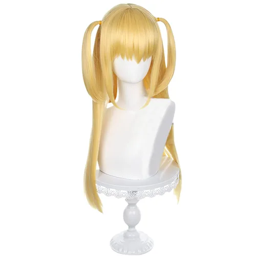 Vista 2 de Ebingoo Peluca rubia dorada para mujer + gorra de peluca Misa Amane cosplay, peluca larga rubia dorada, peluca de cola de caballo para mujer