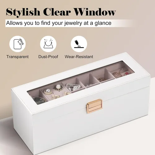 Vista 2 de Dajasan Cajas de joyería para mujeres y niñas, caja organizadora de joyas, caja organizadora de joyas de 2 capas con tapa transparente, organizador