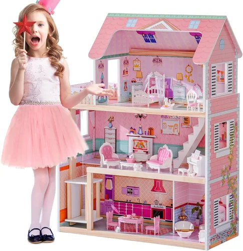 Vista 9 de ROBOTIME Casa de muñecas de madera, casa de muñecas de madera con 29 muebles, 6 habitaciones para muñecas de 4 a 6 pulgadas, regalo para niños a