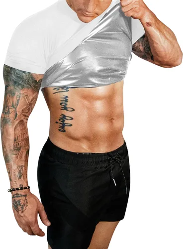 Vista 8 de FUXERT - Camisa de sauna para hombre, traje de sudor para gimnasio, ejercicio, camisa de compresión, ropa de entrenamiento moldeadora Negro/Dorado