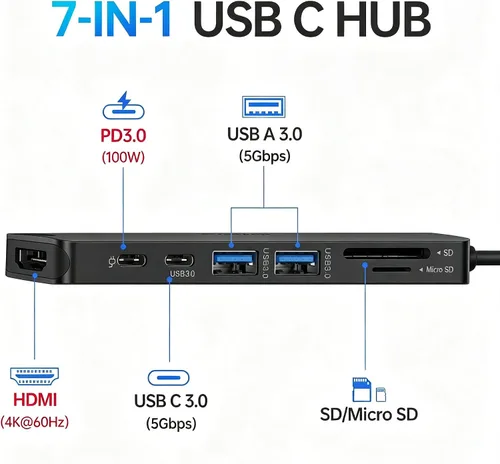 Vista 2 de Adaptador HDMI USB C Hub para MacBook Pro/Air, Dongle USBC 7 en 1 con HDMI, lector de tarjetas microSD/SD, puerto de datos USB C, 100 W PD y 2 USB