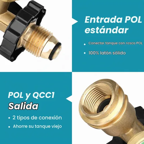 Vista 2 de Adaptador de Tanque de Propano de 100 lb, Medidor de Propano para Tanque de Propano de 100 lb, Adaptador de Tanque de Propano Pol a Qcc1 de Ajuste 1