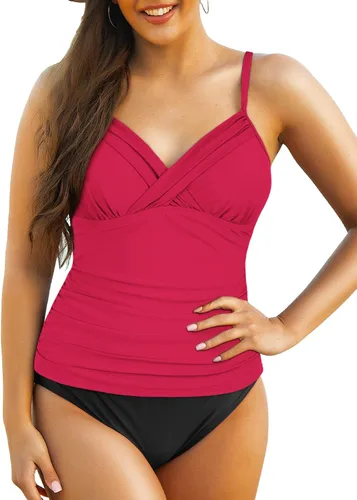 Vista 6 de coastal rose Tankini para mujer, cuello en V, parte superior de natación fruncida con control de abdomen