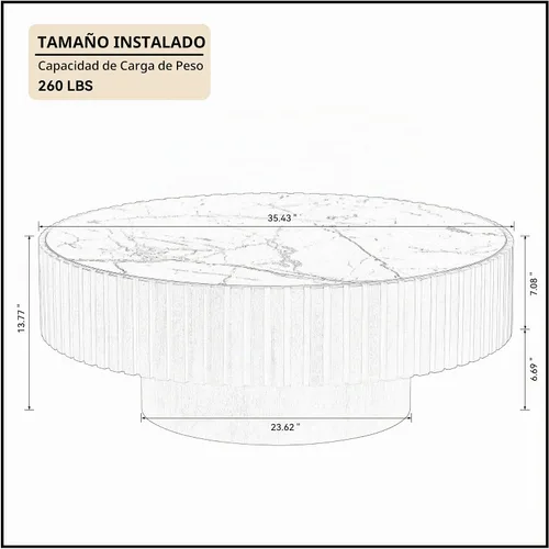 Vista 2 de WILLIAMSPACE Mesa de Café Redonda de 35.43" con Tablero de Piedra Sintética, Mesa Central Circular de Madera Moderna de Estilo Granja para la Sala