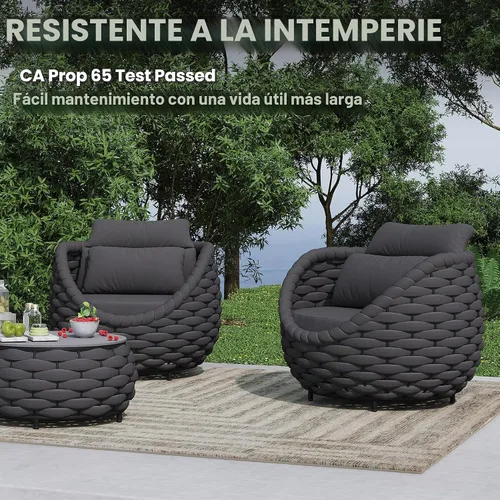 Vista 2 de Juego de muebles de cubierta: 3 piezas de sofá de conversación de patio de cuerda tejida de aluminio para 2, cómodos cojines para sofá y mesa