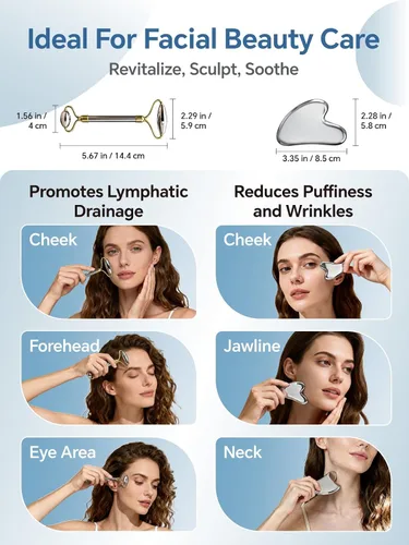 Vista 5 de Rodillo facial de acero inoxidable y herramientas faciales Gua Sha, masajeador facial para cuidado personal, rodillo para cara, escultura