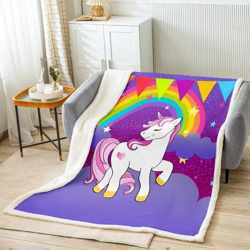Vista 35 de Erosebridal Manta de franela sherpa de unicornio para niñas, bonito estampado de unicornio, manta de animales mágicos, morado, 40 x 50 pulgadas