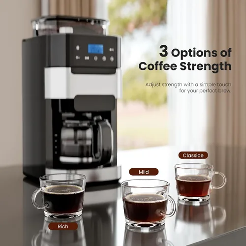 Vista 5 de Electactic Cafetera de goteo de 10 tazas con molinillo integrado, moler y preparar programable, máquinas de café con pantalla táctil LED