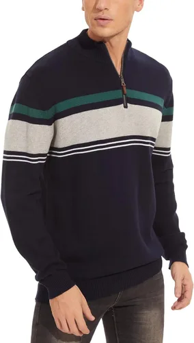 Vista 2 de MAGCOMSEN Suéteres para hombre con cremallera de 14, casuales, a rayas, suéteres tipo polo para otoño e invierno