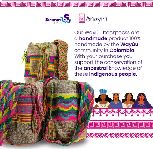Vista 5 de Mochila tipo cesta Wayuu colombiana 100% auténtica, hecha a mano, producto artesanal, bolsa de viaje cruzada, diseño único, Mo-beige-170, Wayuu
