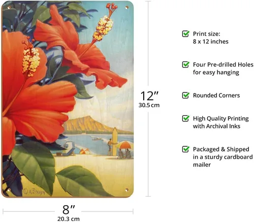 Vista 2 de Kerne Erickson - Cartel de viaje hawaiano vintage de madera de 8 x 12 pulgadas, diseño de hibisco rojo, diseño de hibisco rojo