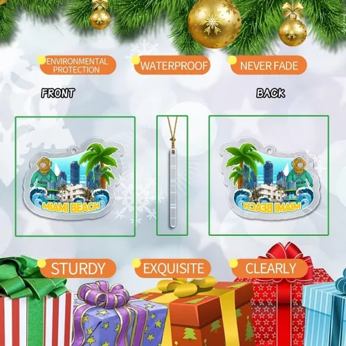 Vista 2 de Miami Beach Florida USA Adorno de Navidad acrílico transparente de doble cara decoración de árbol colgante de recuerdo de viaje colección turística