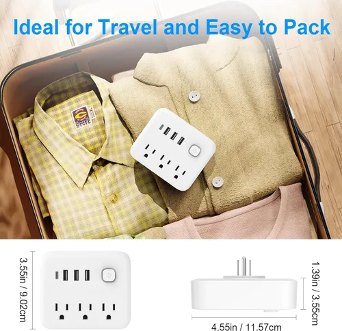 Vista 8 de FXZ Regleta de conversión de regleta de alimentación con 3 tomas amplias y puerto 3USB-A y 1USB-C, 1875 W/15 A, protección contra sobrecarga