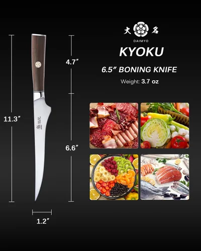 Vista 7 de KYOKU Cuchillo deshuesador de 6.5 pulgadas – Serie Daimyo – Cuchillo de carnicero con mango ergonómico de palisandro y pasador de mosaico – Cuchillo