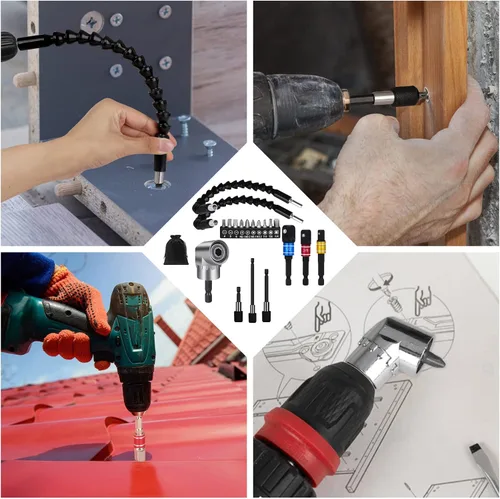 Vista 7 de Juego de extensión de broca flexible, 19 piezas, vástago hexagonal de 105 °, accesorio de taladro de ángulo recto de 3 piezas, extensión de soporte